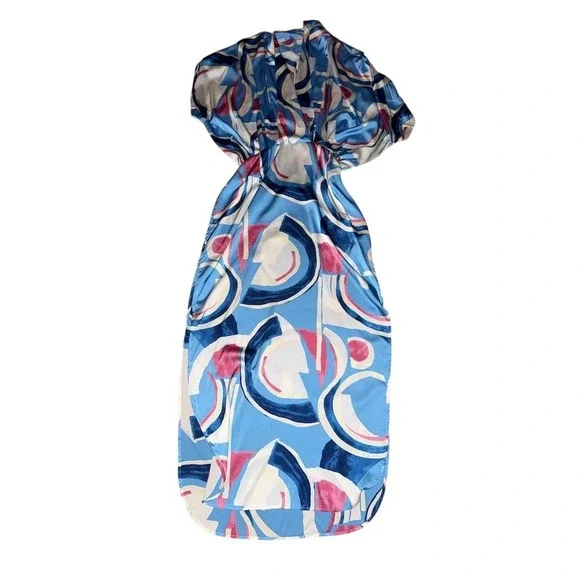 Umgee Dress Womens Size L Blue Abstract Midi V-Neck Kimono Sleeve Slits flowy - Picture 2 of 5